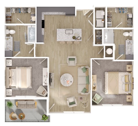 Floor plan for 2 beds, 2 baths, 1170 sqft